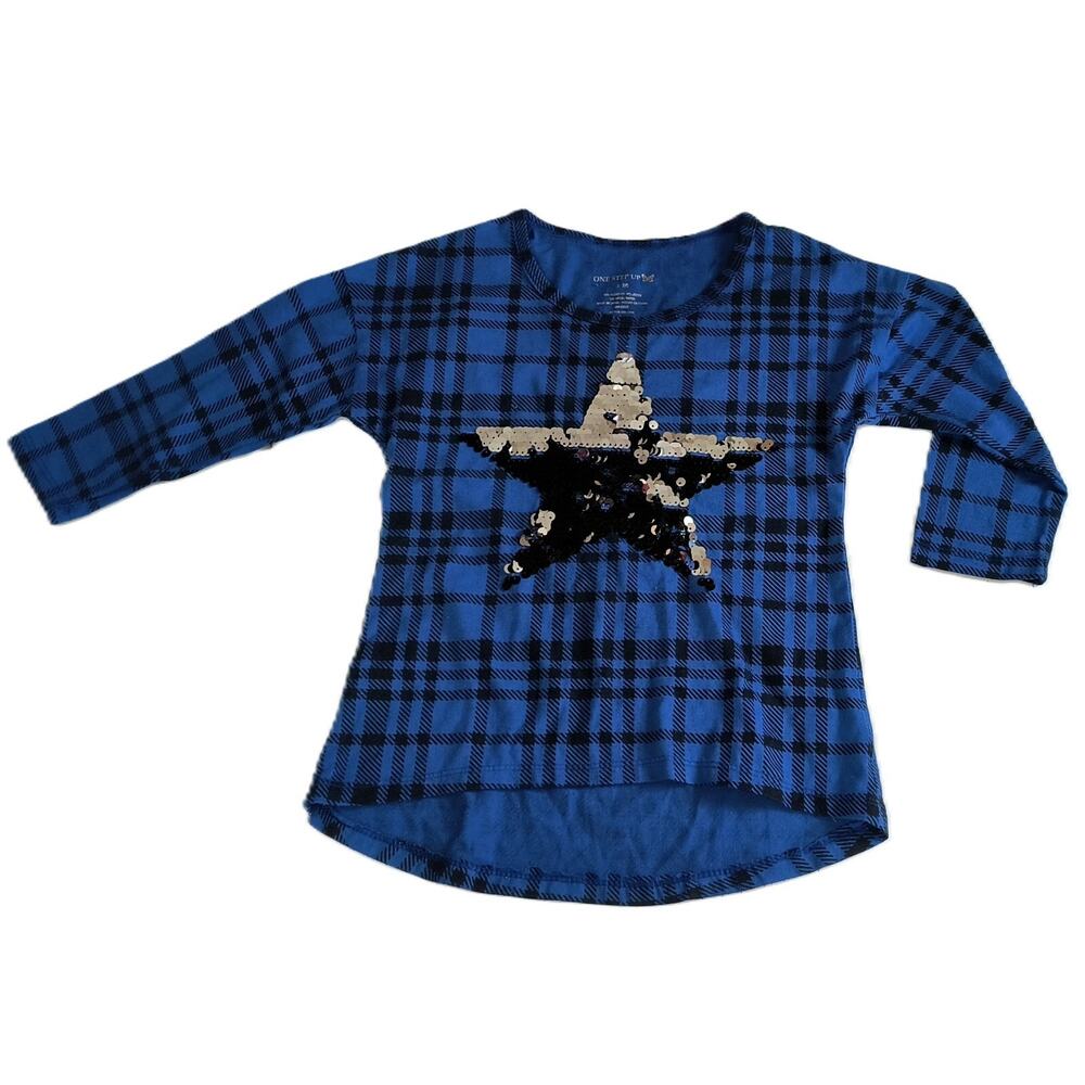 One Step Up Girls Causal Check Top Sequin Star Round Neck Blue Size S(7/8) G001